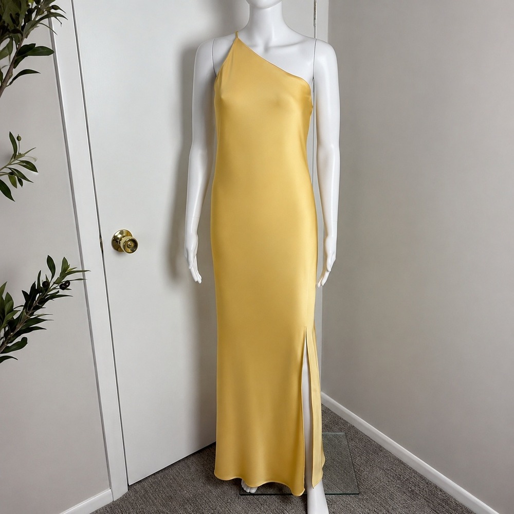 Commense Golden Yellow One Shoulder Satin Backless Maxi Dress with Side Slit S - Picture 8 of 14